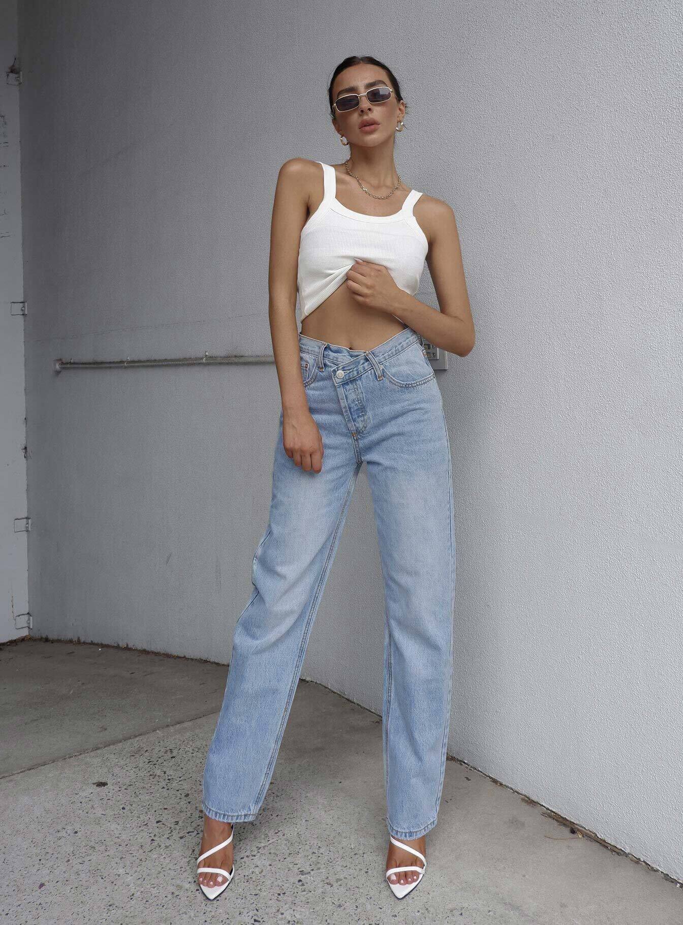 Holly Mid Rise Straight Leg Asymmetric Jean Light Wash Denim