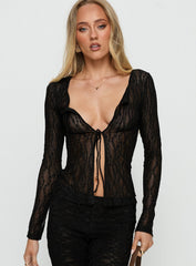 Open Your Heart Tie Detail Long Sleeve Top Black