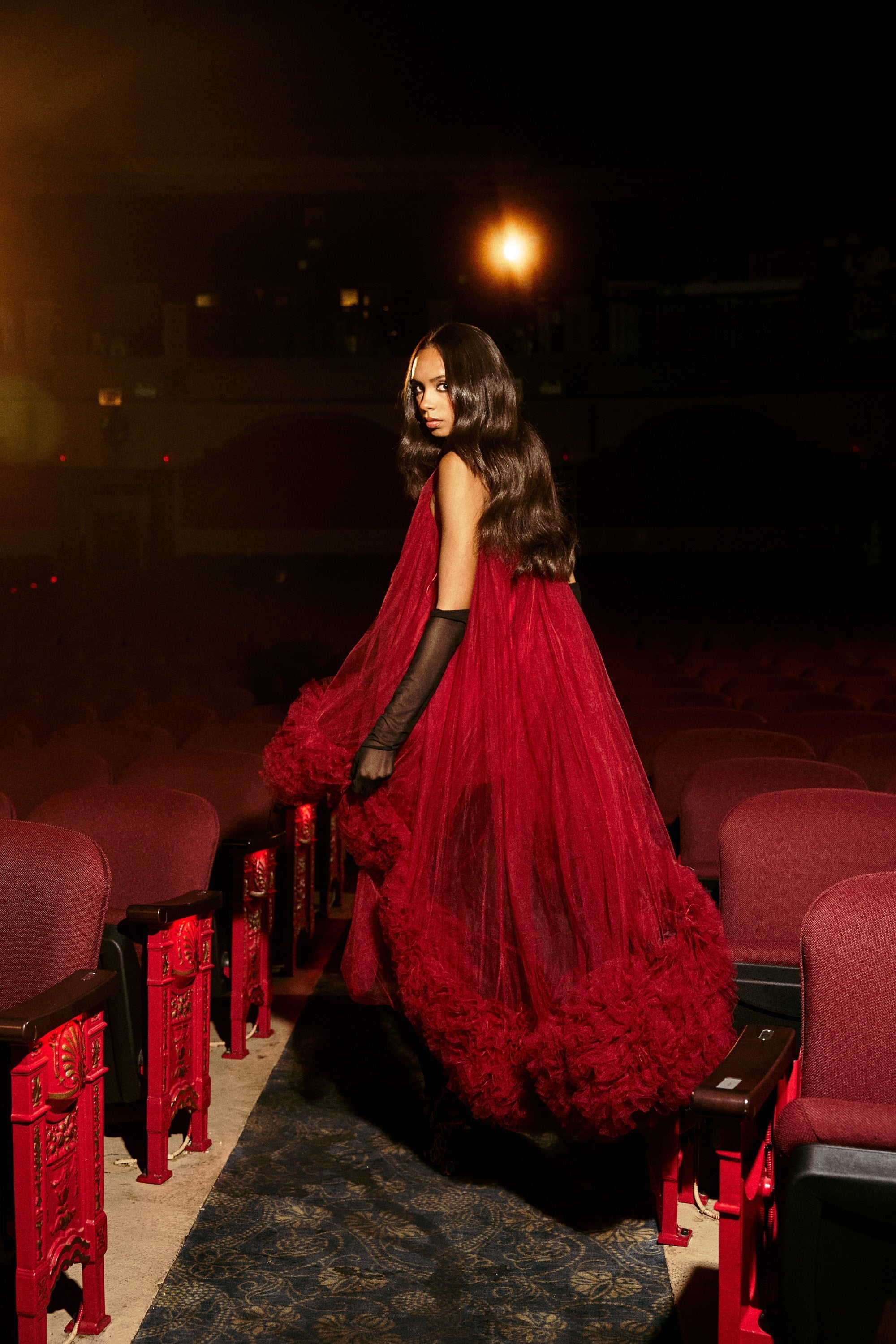 ARI TULLE HIGH LOW DRESS IN BURGUNDY