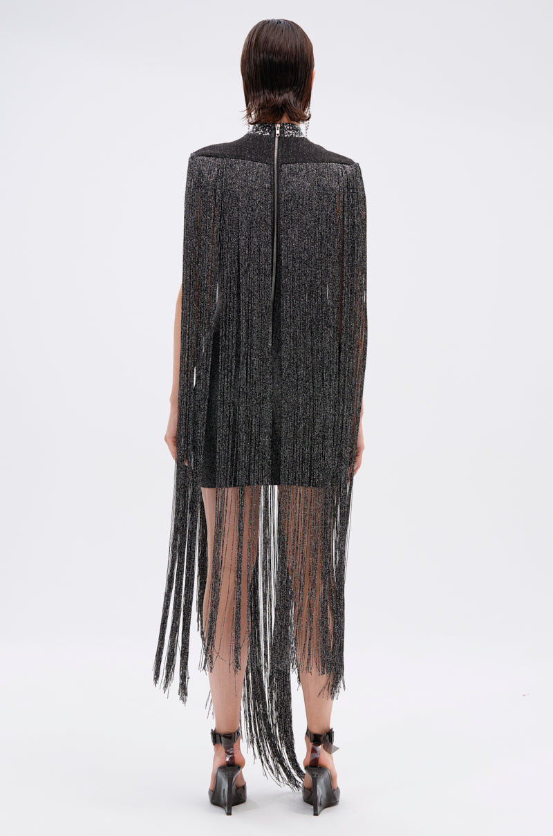 MIXED MESSAGES METALLIC BANDAGE MINI DRESS WITH FRINGE