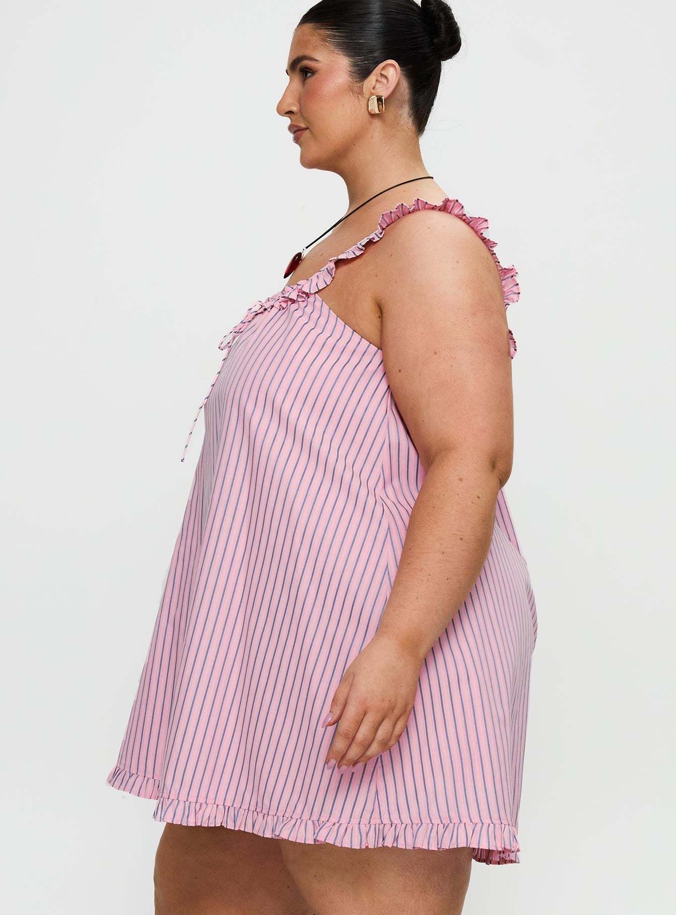 Zalina Babydoll Mini Dress Pink Stripe Curve