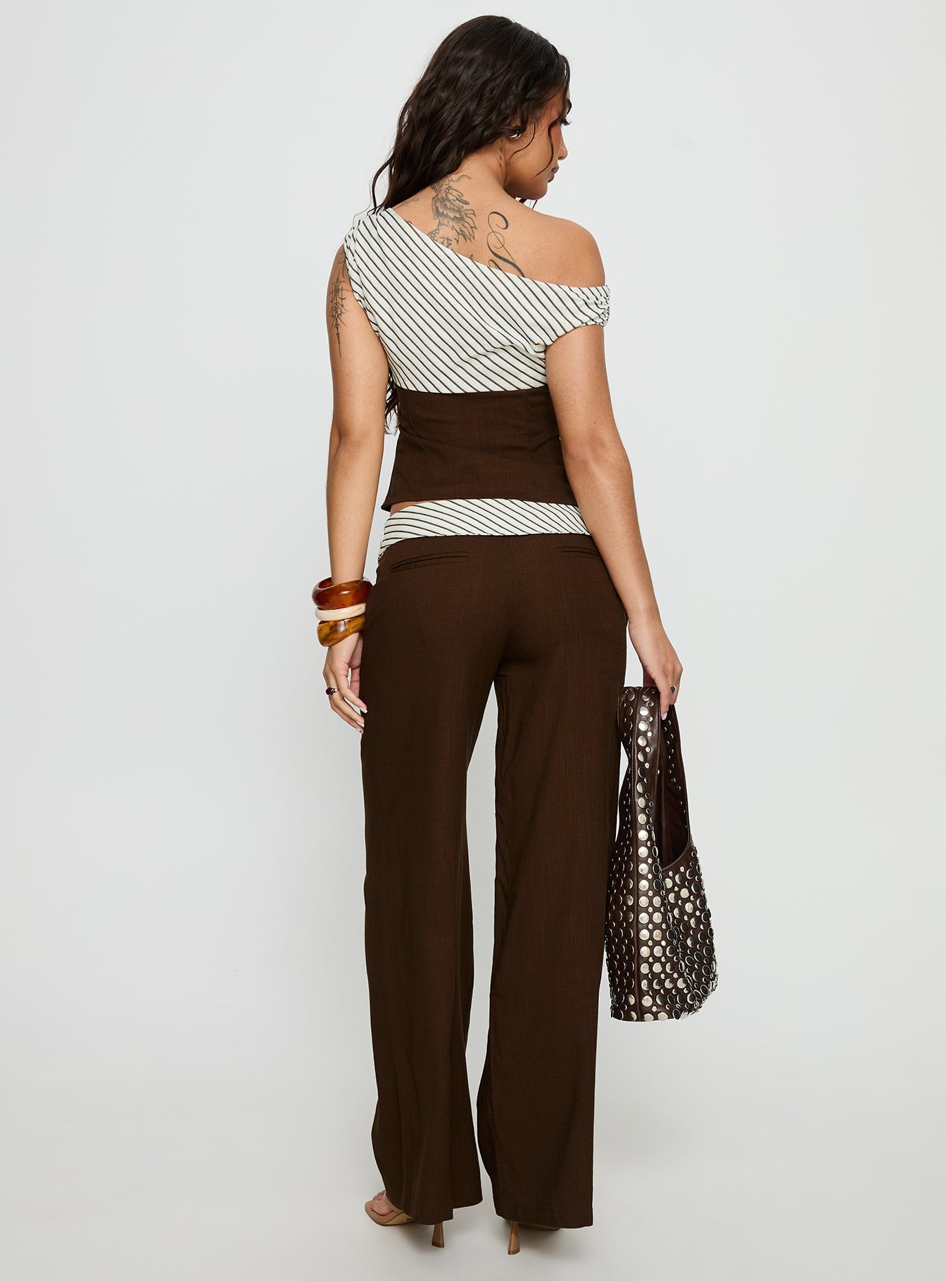 Past Life Fold Over Waistband Pant Brown / Stripe