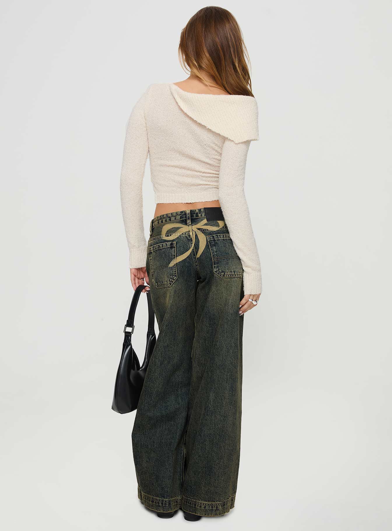 Ribbon Stamp Low Rise Wide Leg Jeans Antique Wash