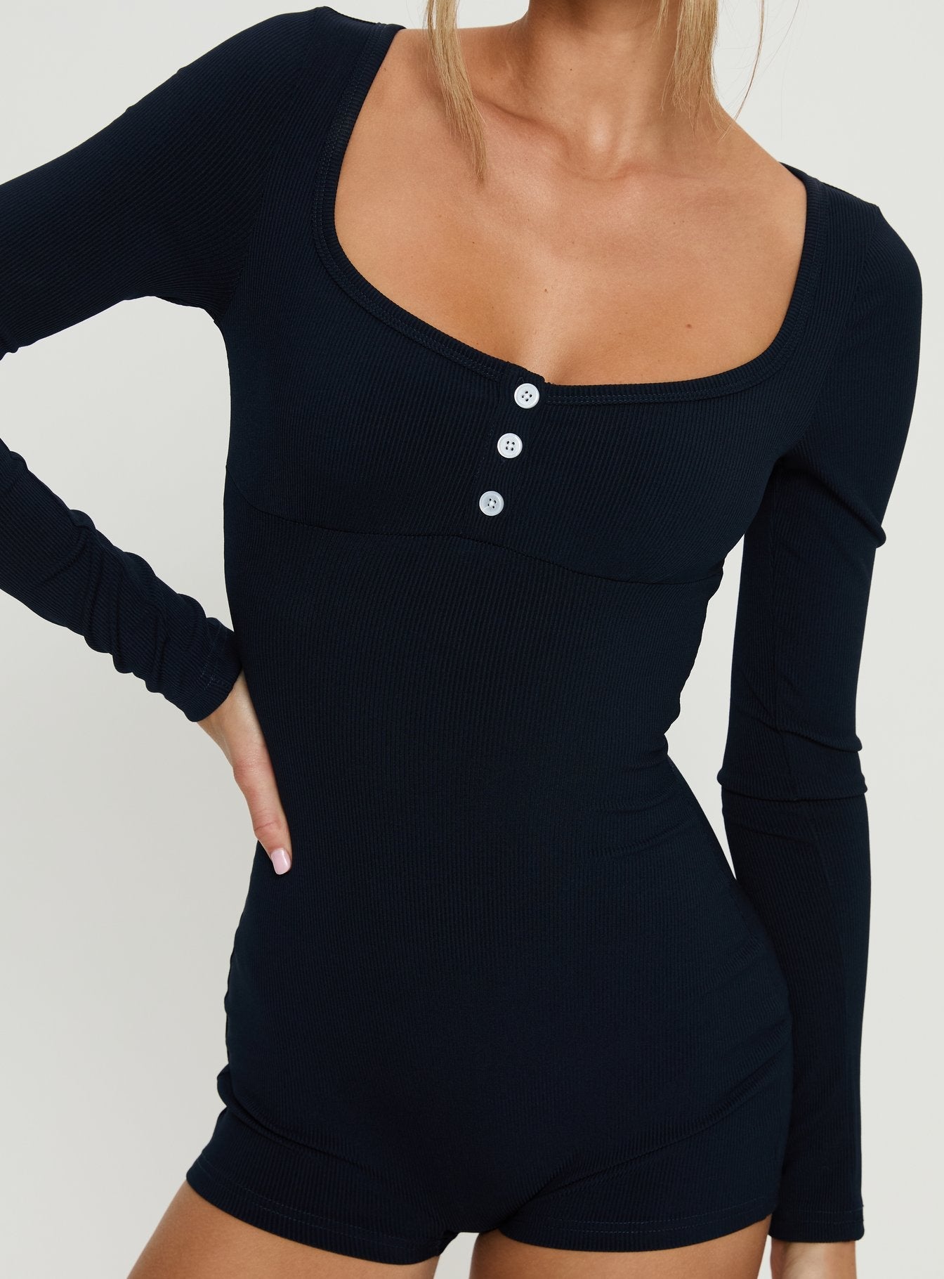 Snoozy Sleep Button Up Rib Playsuit Navy