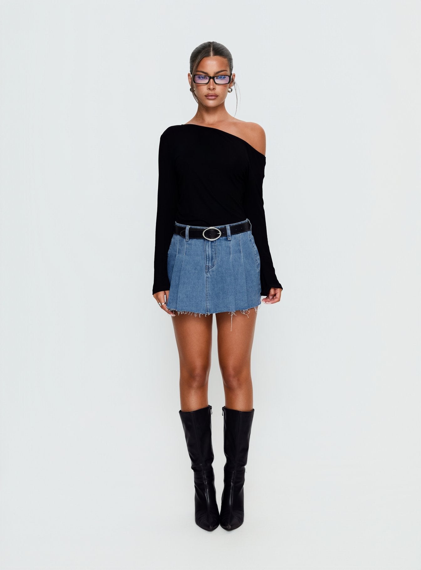 Debera Pleated Mini Skirt Mid Blue Wash
