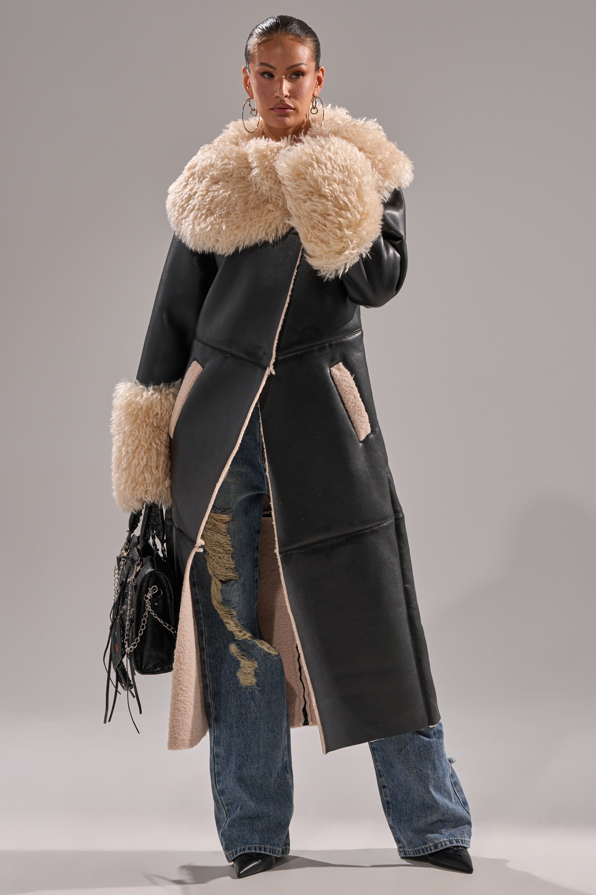 SHE GOT IT FLUFFY PU TRENCH WITH BONDED SHERPA