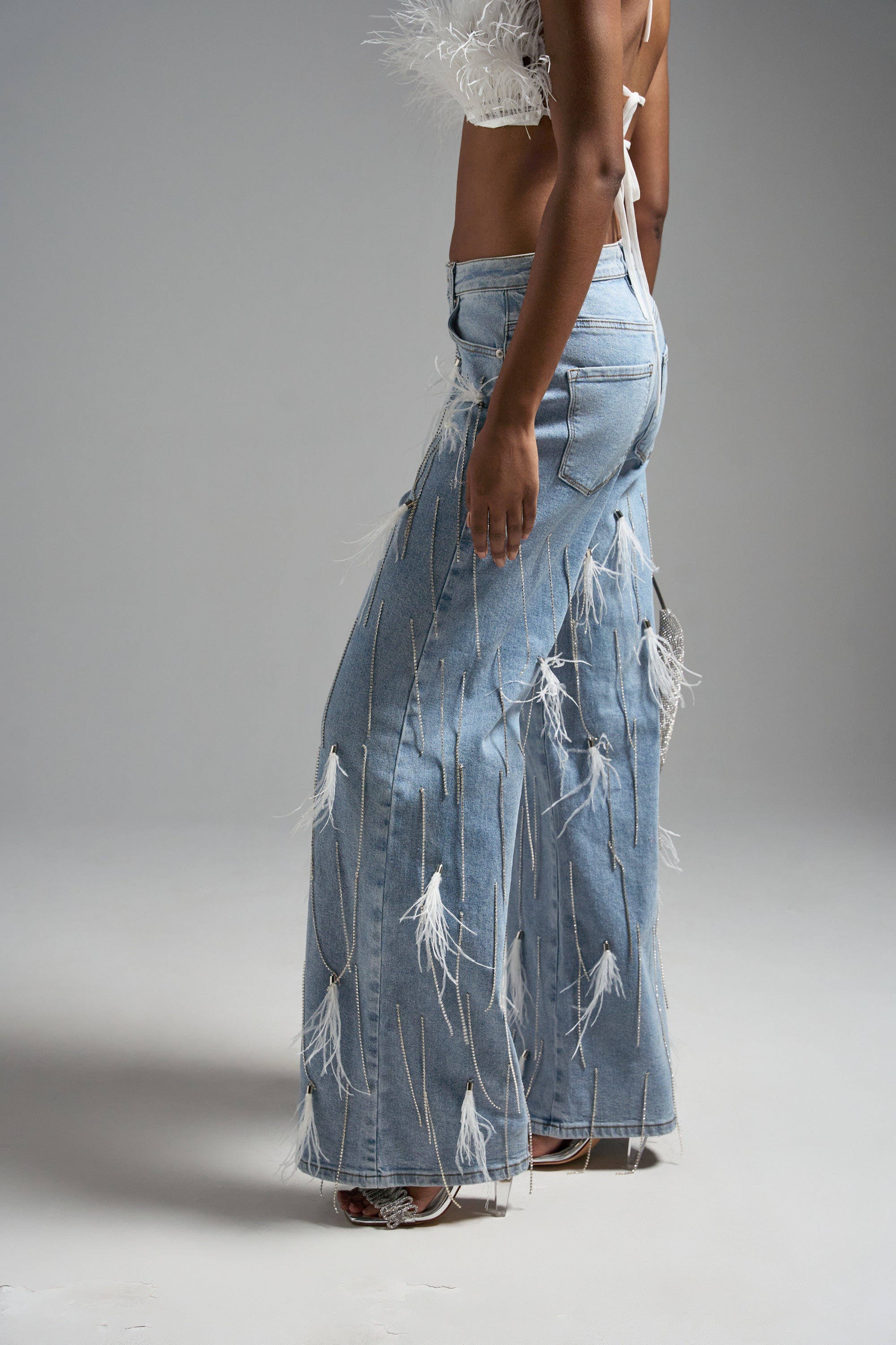 SHAKE IT FOR ME GIRL FEATHER EMBELLISHED DENIM