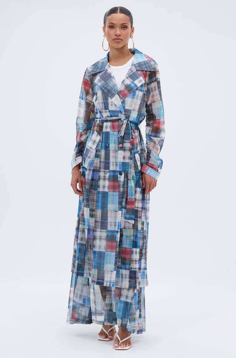 LIVING THE LIFE PLAID MESH TRENCH