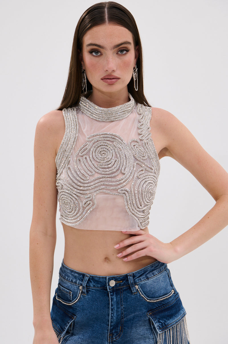STARSHINE RHINESTONE MOCK NECK BLOUSE