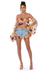 BOTANICAL BEAUTY CROPPED SHEER SLEEVE TOP
