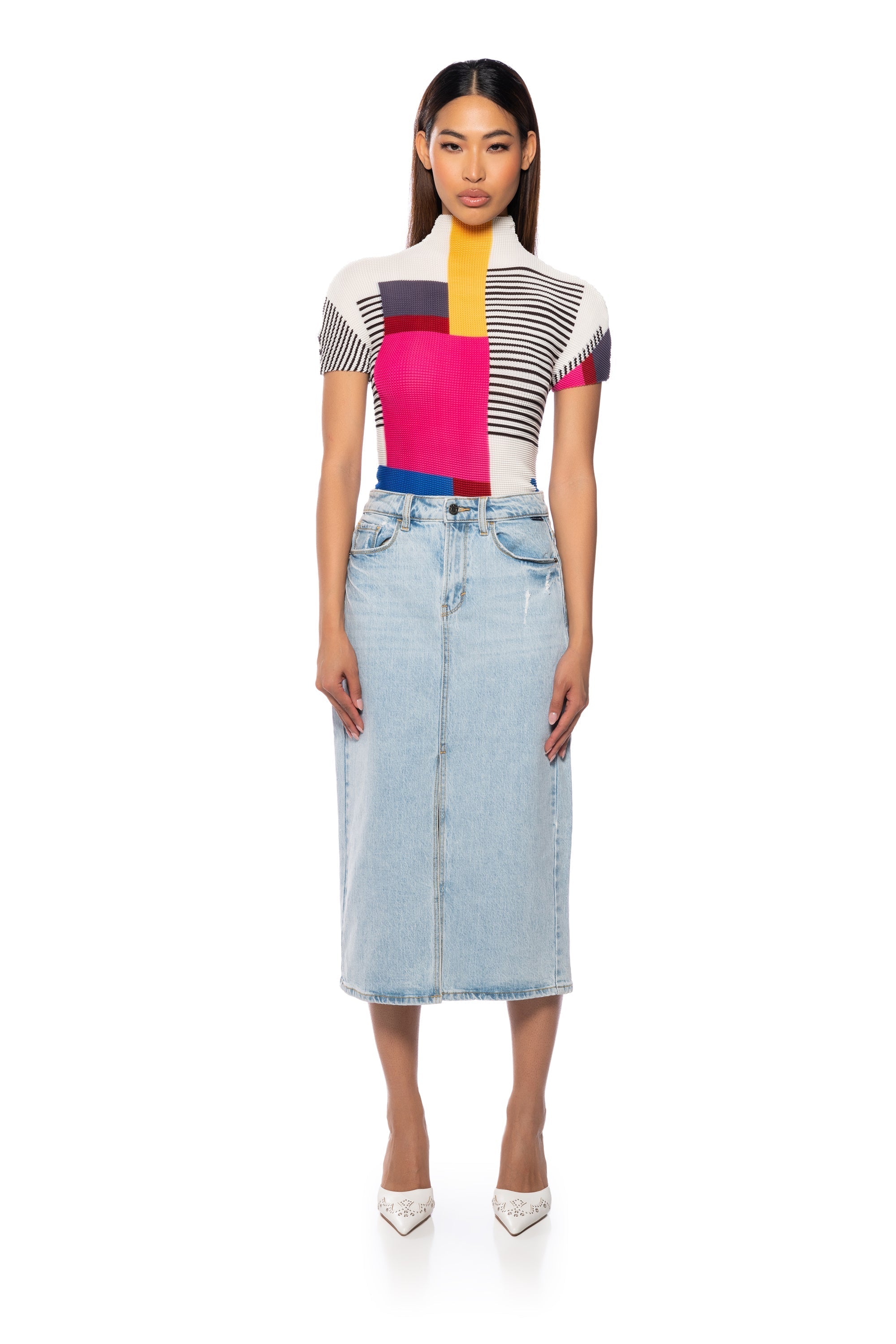 BRIANA CENTER SLIT DENIM MIDI SKIRT