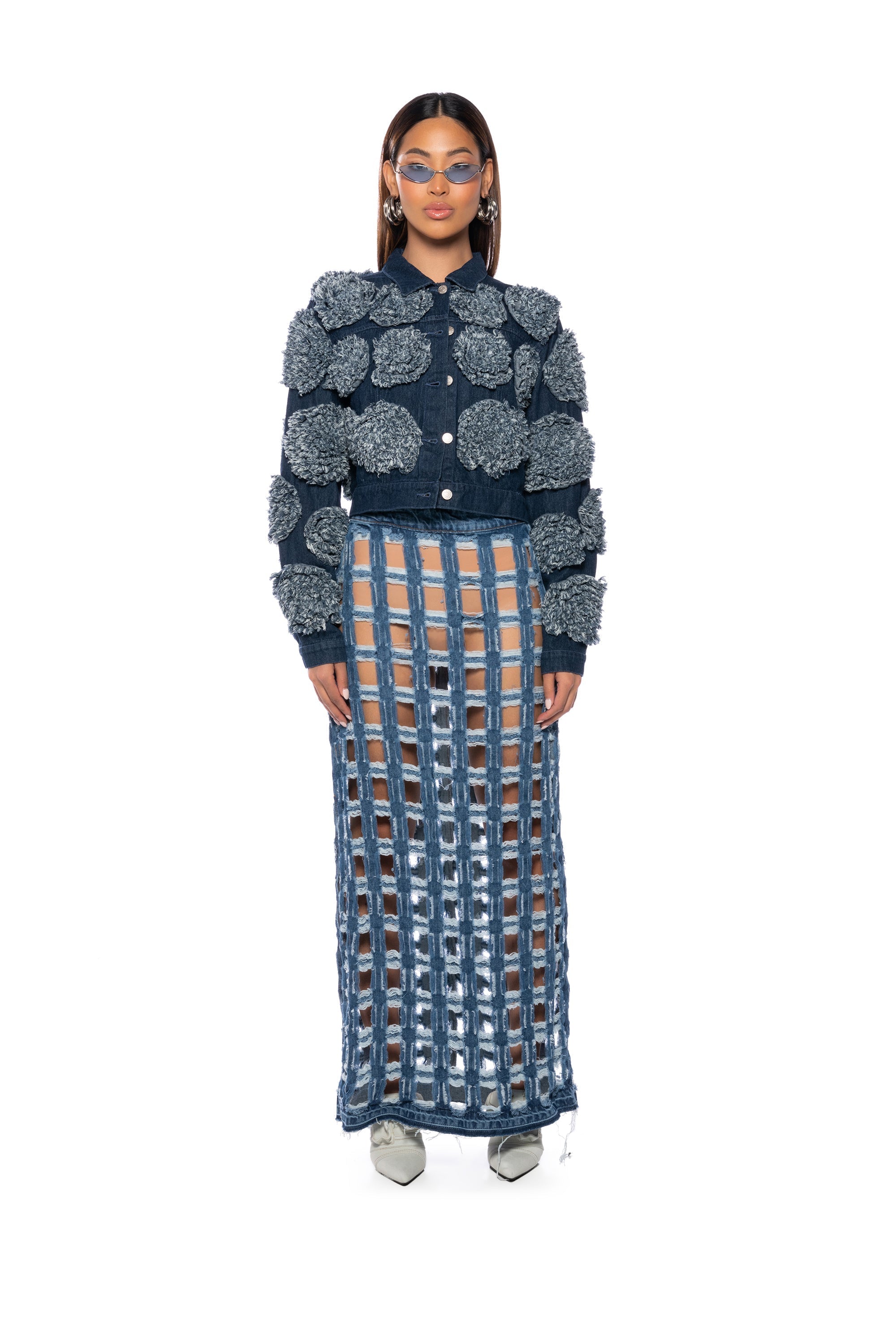 CHECK ON ME CUT OUT DENIM MIDI SKIRT