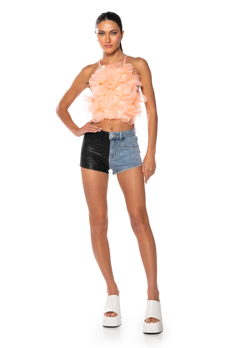 FLEX FIT EXTREME STRETCH FAUX LEATHER AND DENIM SHORTS
