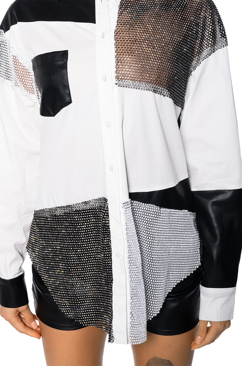 HANDS TO MYSELF LONG SLEEVE RHINESTONE POPLIN SHIT