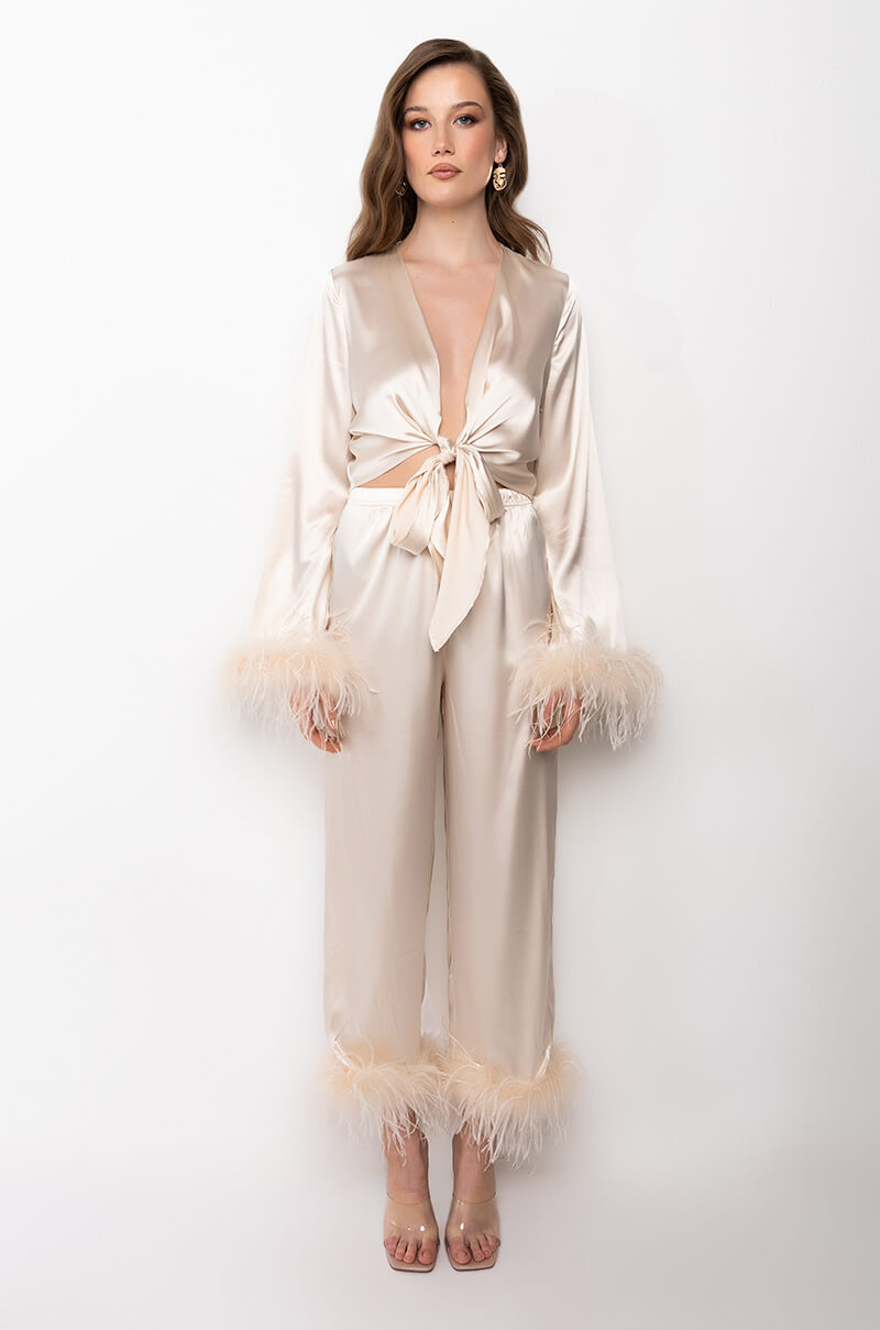 HIDDEN AGENDA FEATHER DETAIL CROPPED SATIN PANTS