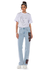 HIDDEN FACES EMBROIDERY DETAILED STRAIGHT LEG JEANS