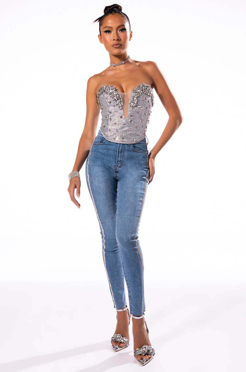 SEXY RHINESTONE DENIM HIGH RISE DENIM