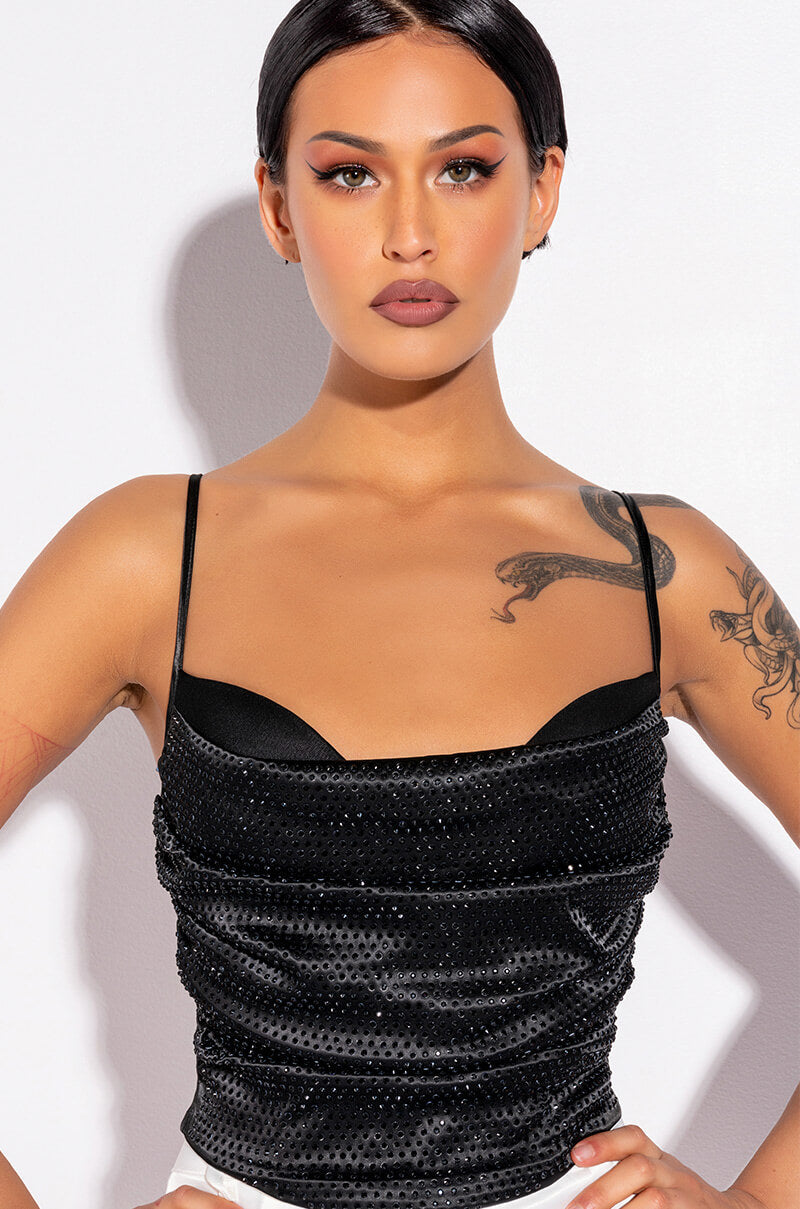 NOVA GIRL RHINESTONE COWL NECK TANK