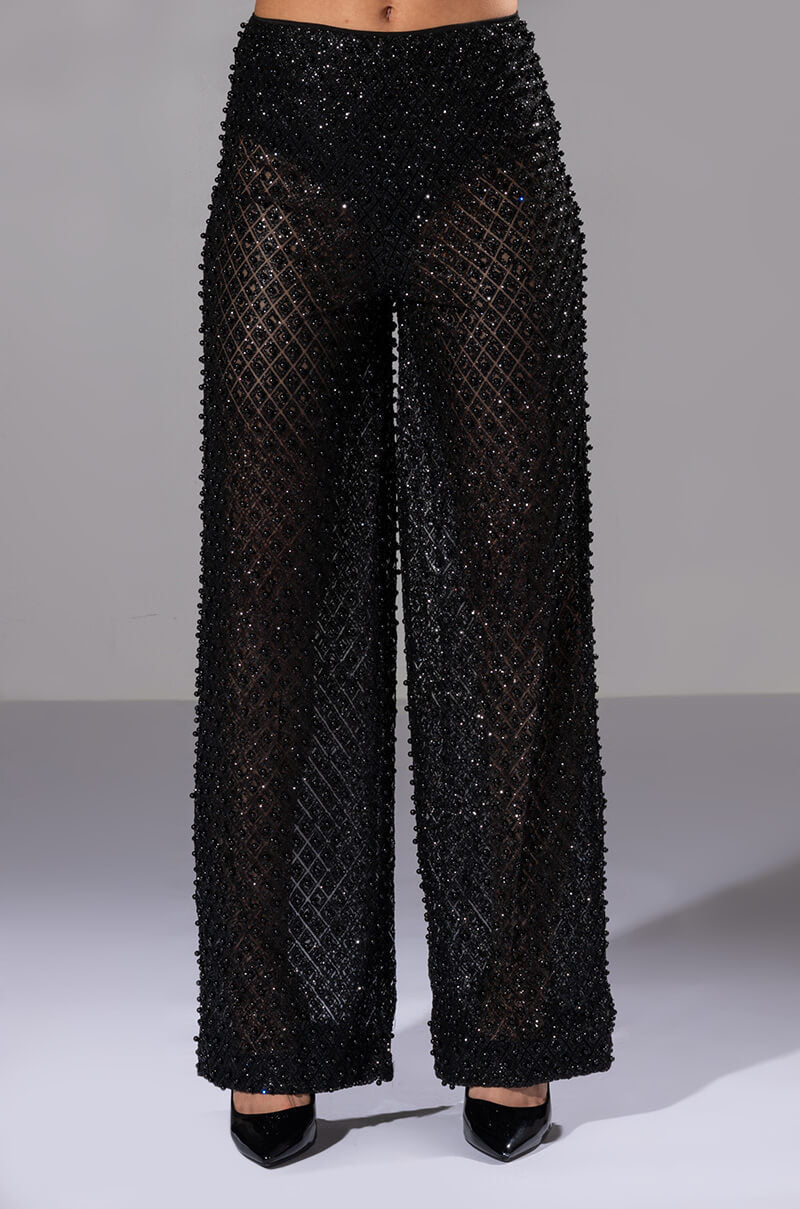 SEXY VILLAIN SHEER WIDE LEG GLITTER DETAIL PANTS